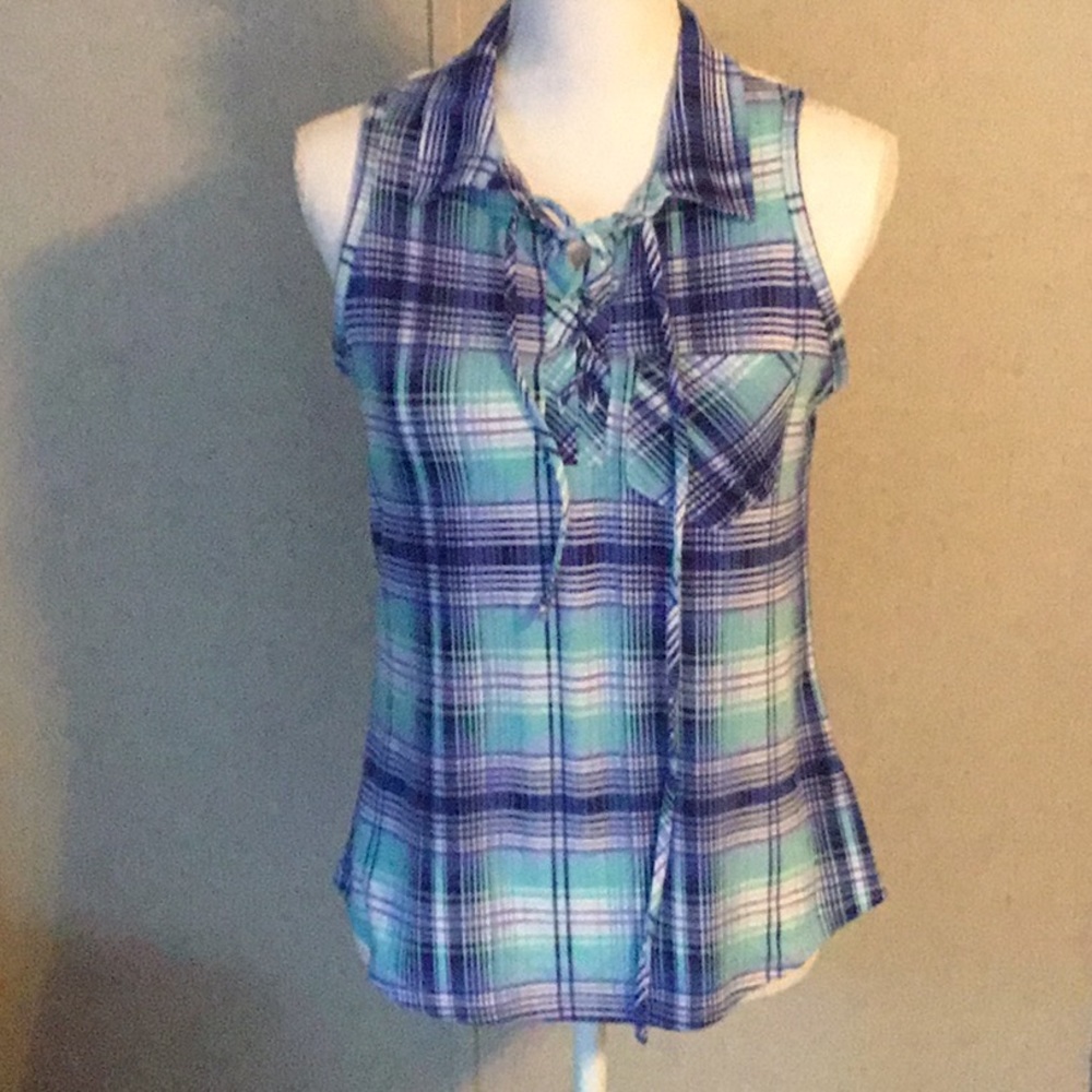 M Fasis blue and white plaid sleeveless top